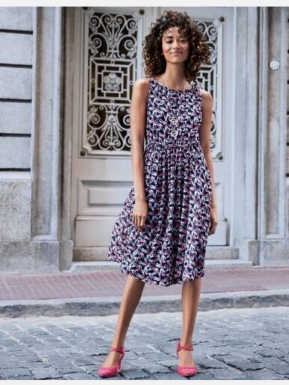 Boden Maria Sleeveless Midi Chiffon dress featuring vibrant pink/white print